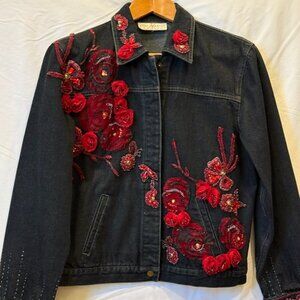 Mary Francis red Beaded Denim Jean Jacket size Medium